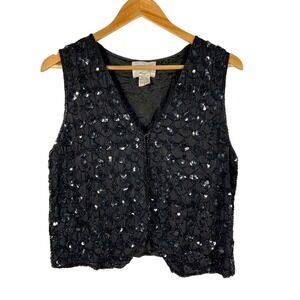 Vintage Cotton Zone Black‎ Silk Beaded Vest Top Womens Small